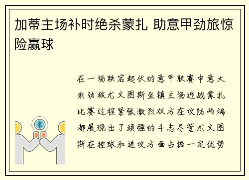 加蒂主场补时绝杀蒙扎 助意甲劲旅惊险赢球 加蒂主场补时绝杀蒙扎 助意甲劲旅惊险赢球